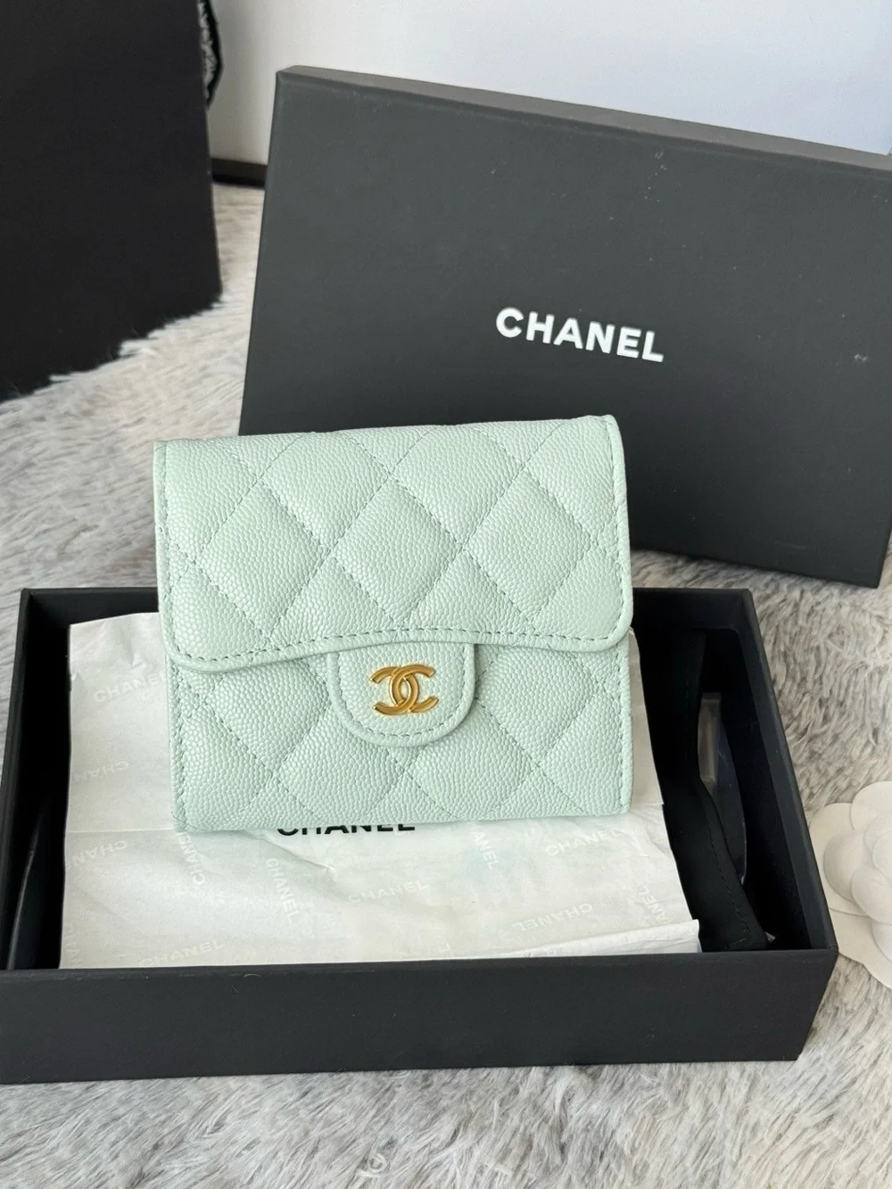 CHANEL Mint Quilted Leather Compact Wallet with Gold CC